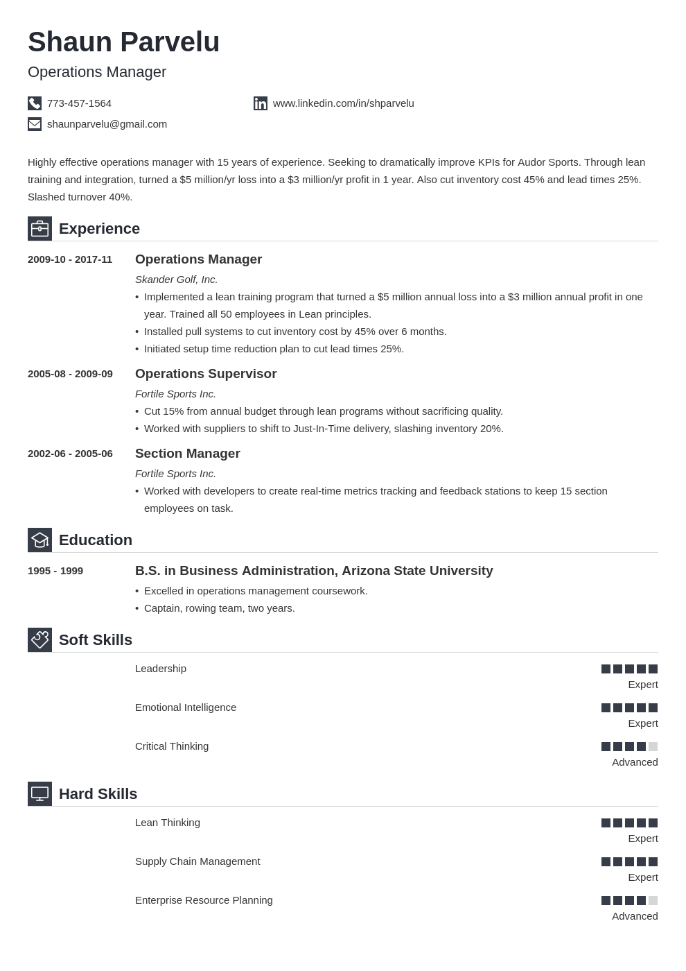 operations manager resume example template iconic