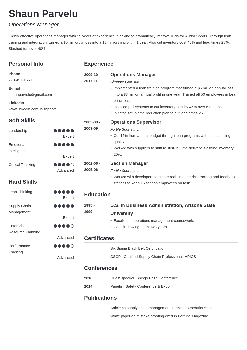 operations manager resume example template simple