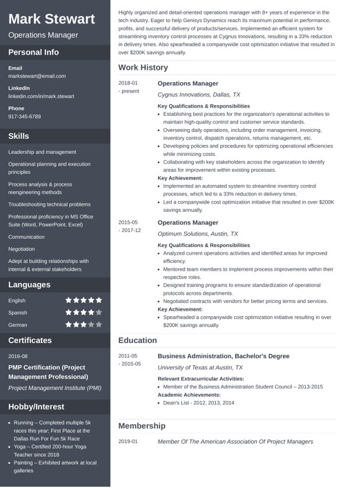 Operations manager resume example