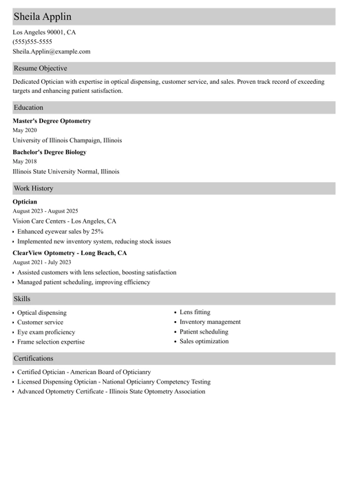 optician resume example