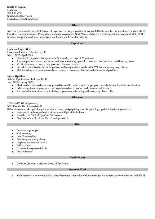 optician resume example