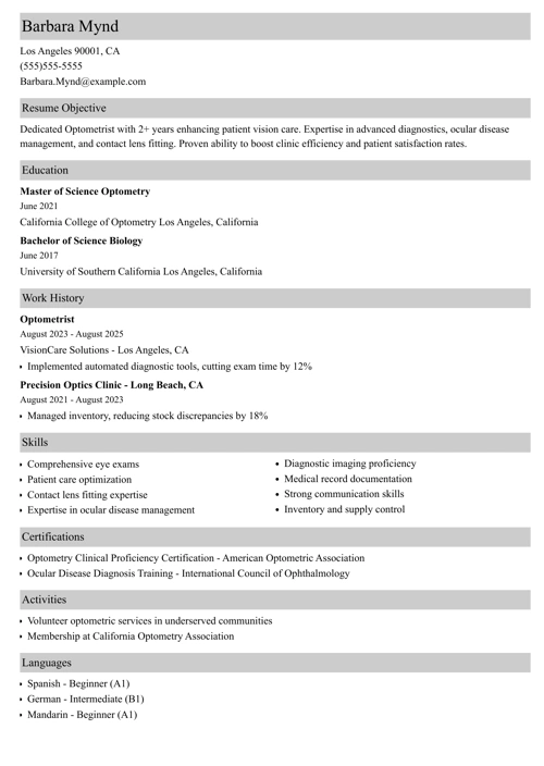 optometrist resume example