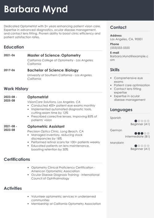 optometrist resume example