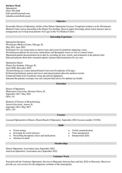 Optometrist Resume Example With Objective And Skills