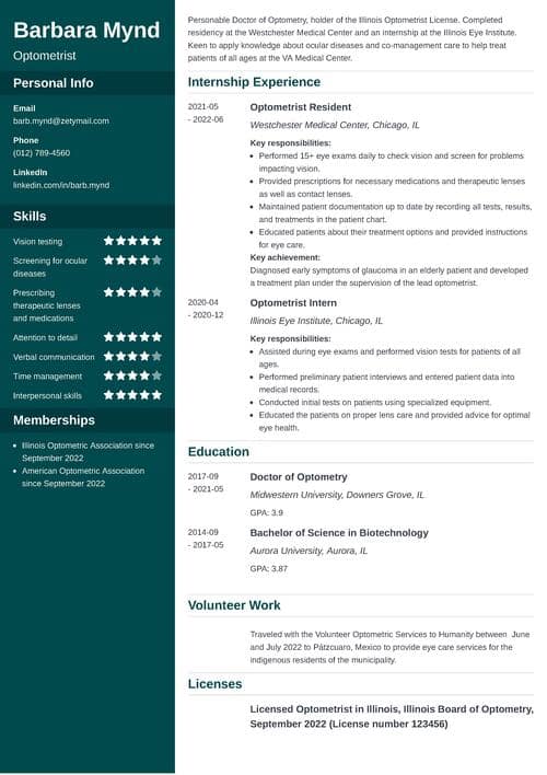 Optometrist Resume Example With Objective and Skills