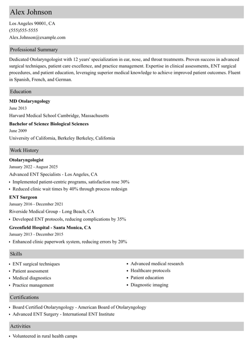 Otolaryngologist Resume Sample