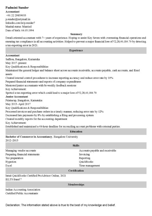 resume format for experienced accountant doc in india