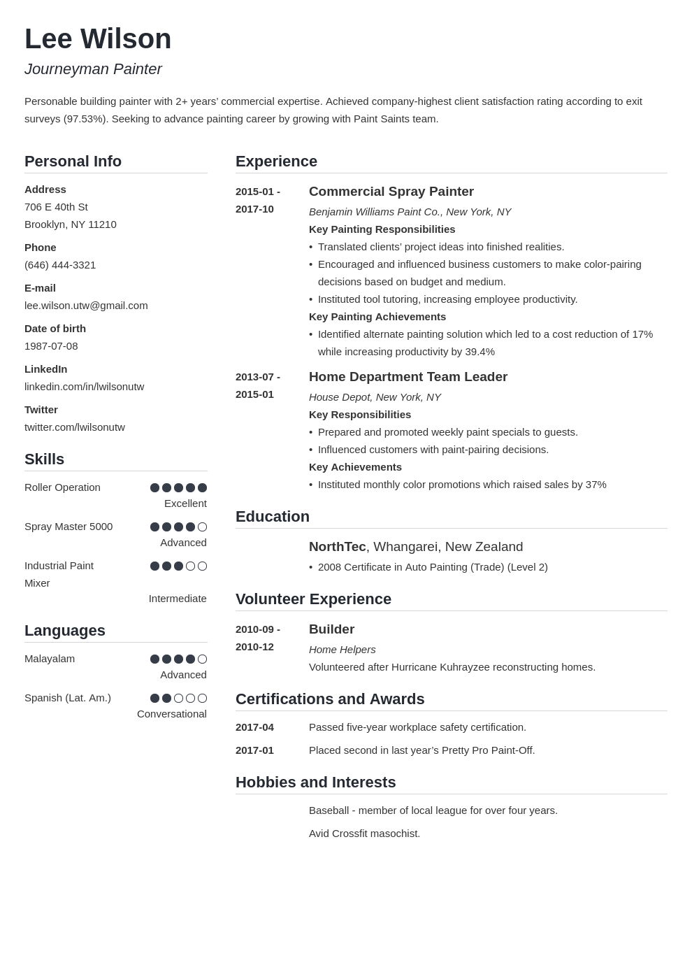 painter resume example template simple