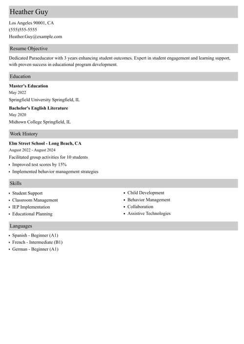 paraeducator resume example