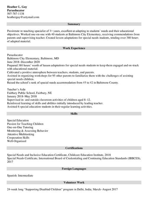 paraeducator resume example