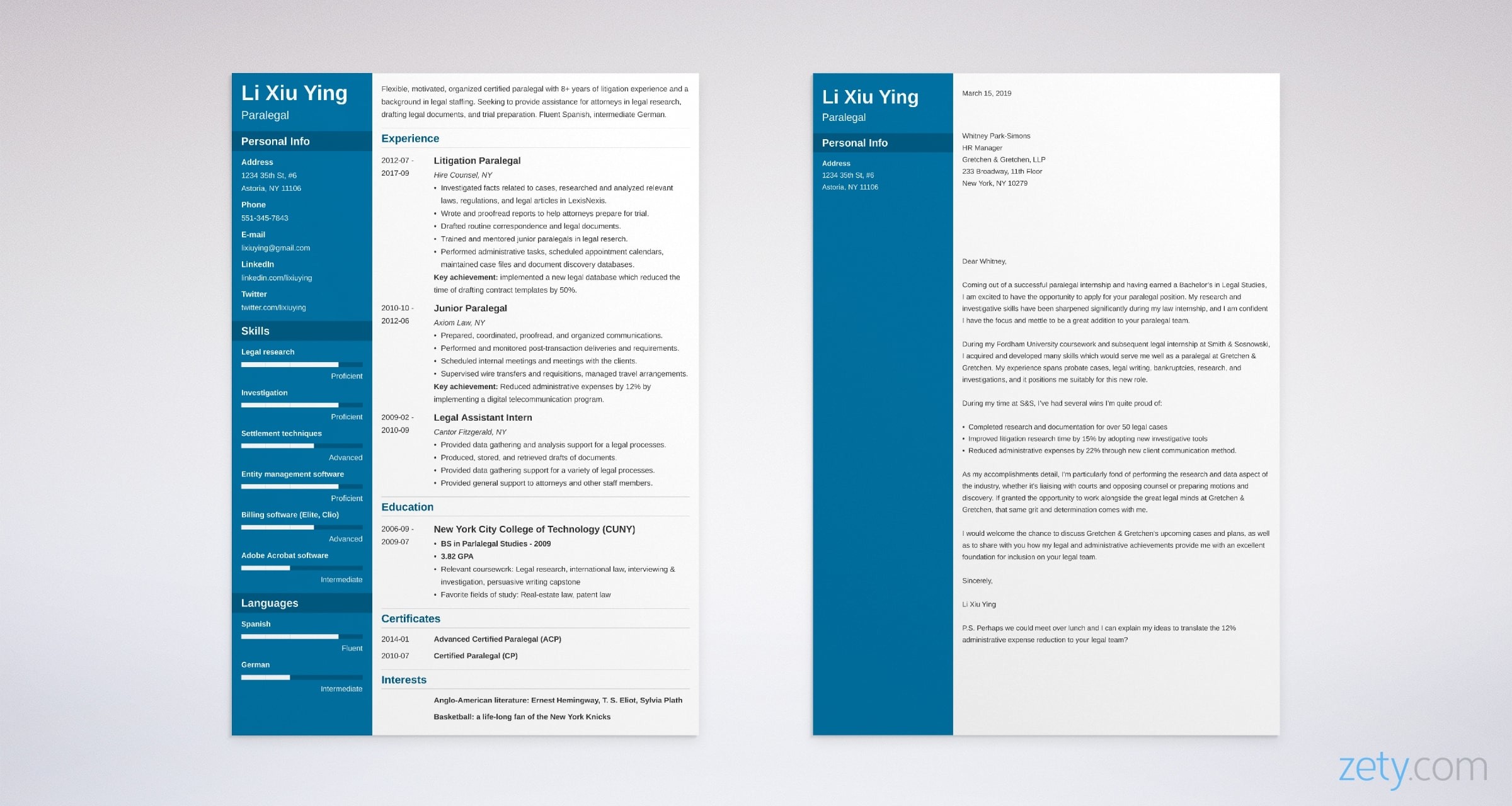 paralegal resume and cover letter set