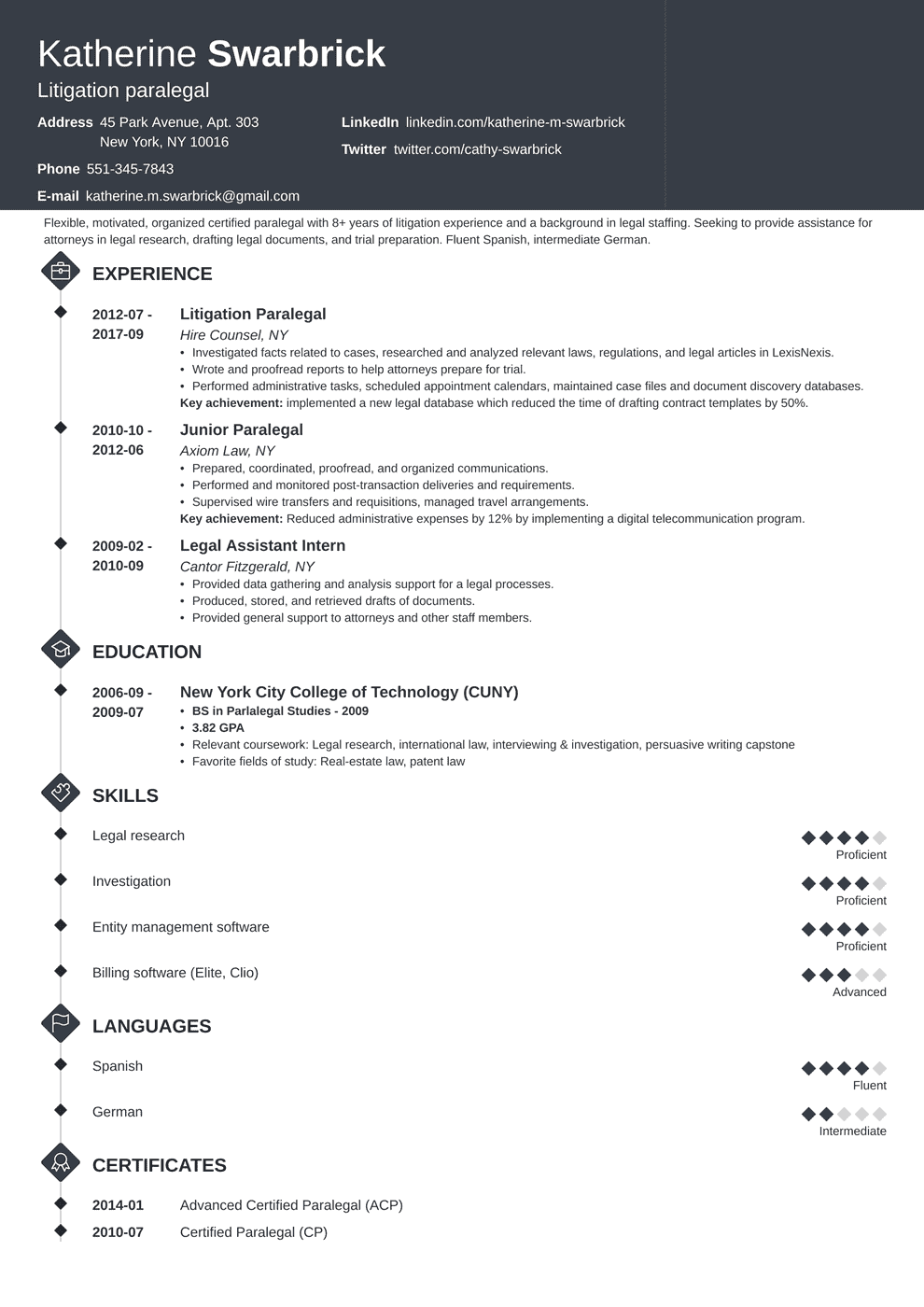 Litigation Paralegal Resume Templatecareer Resume Template 756   Paralegal Resume Template Diamond 