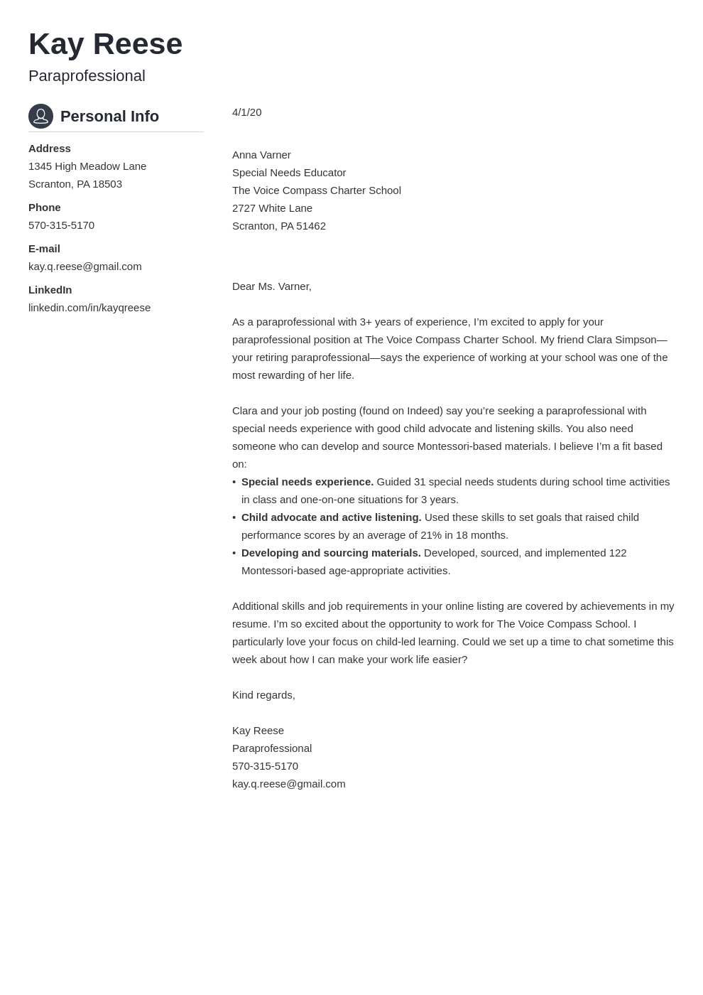sample cover letter for paraprofessional job