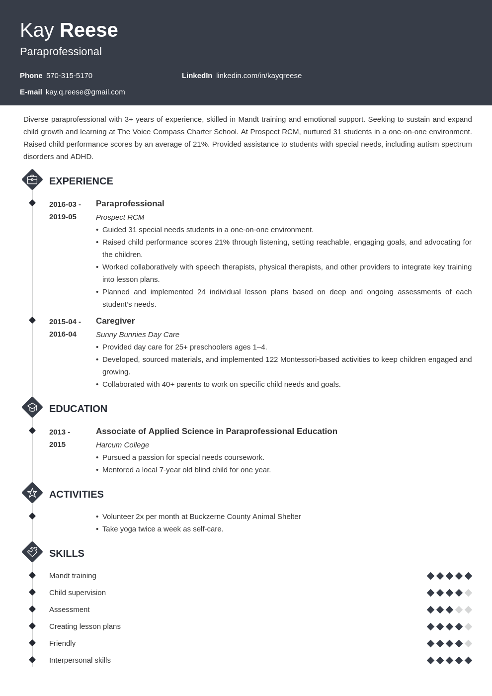 paraprofessional resume example template diamond