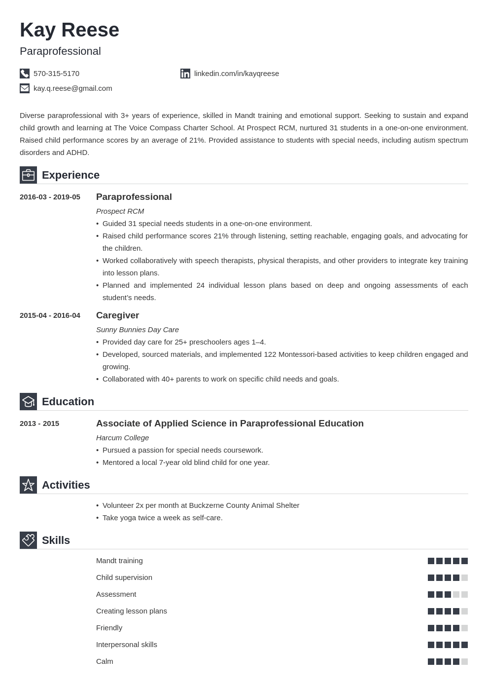 paraprofessional resume example template iconic