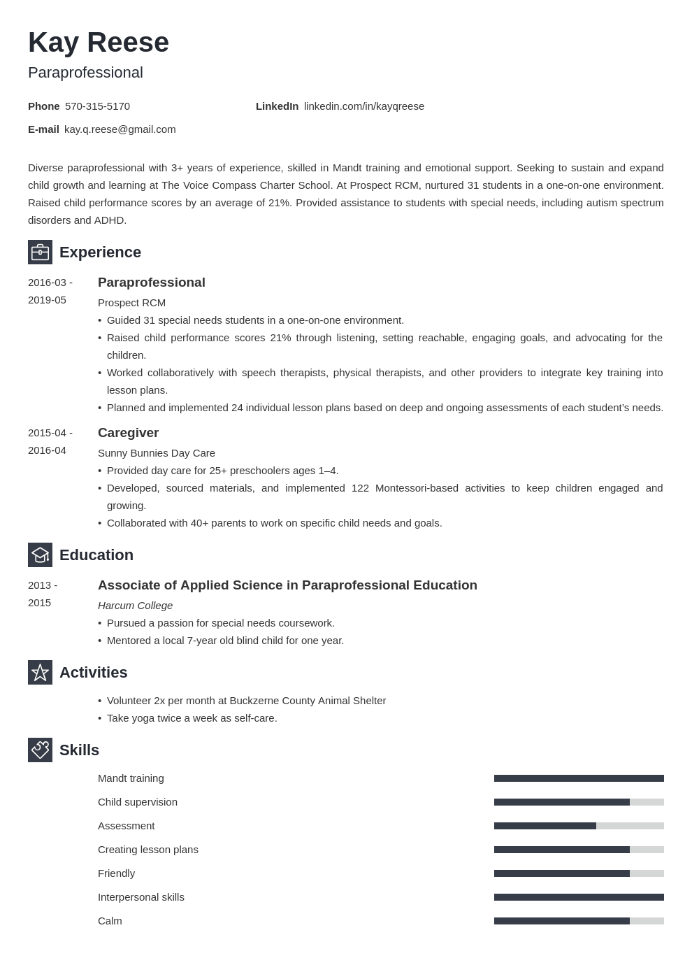 paraprofessional resume example template newcast