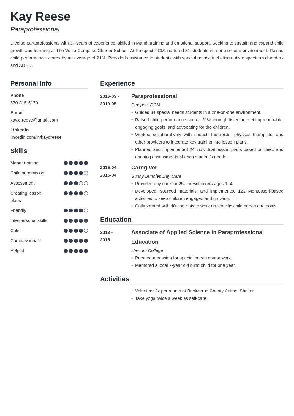 paraprofessional resume example template simple