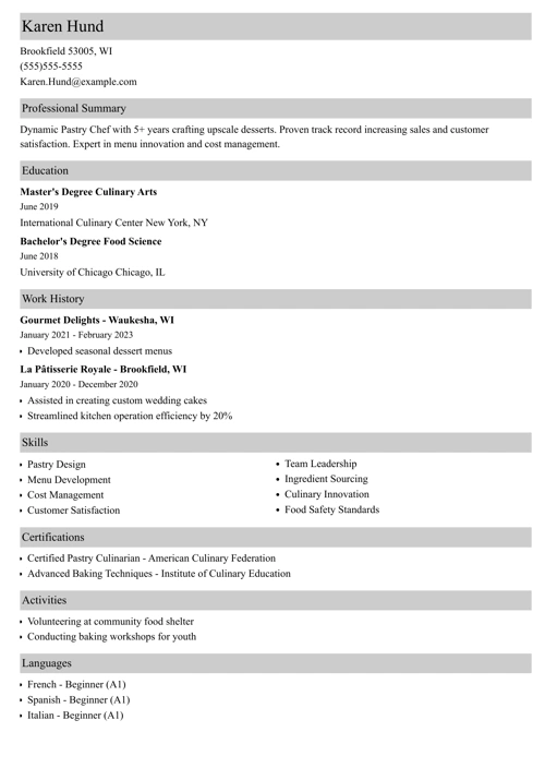 pastry chef resume example