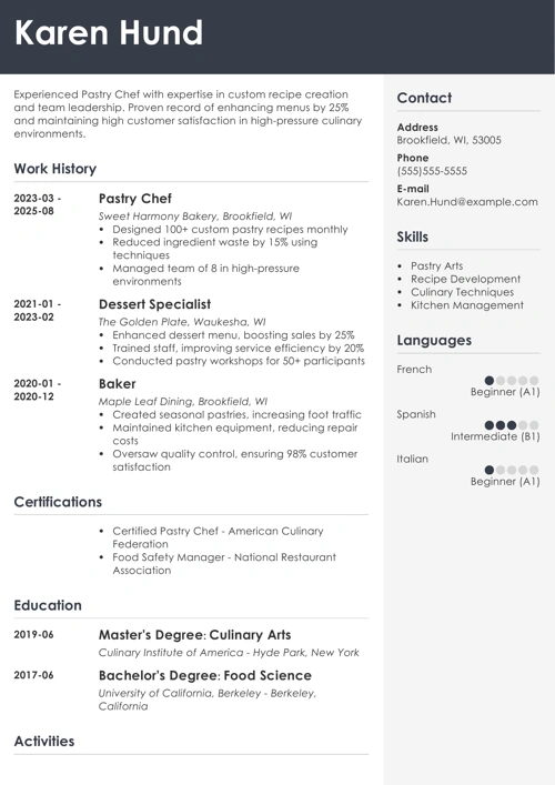 pastry chef resume example