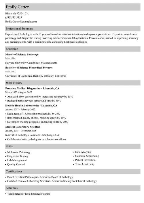Pathologist Resume Example