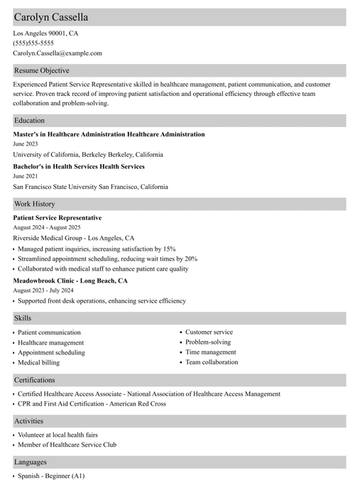 patient service representative resume example