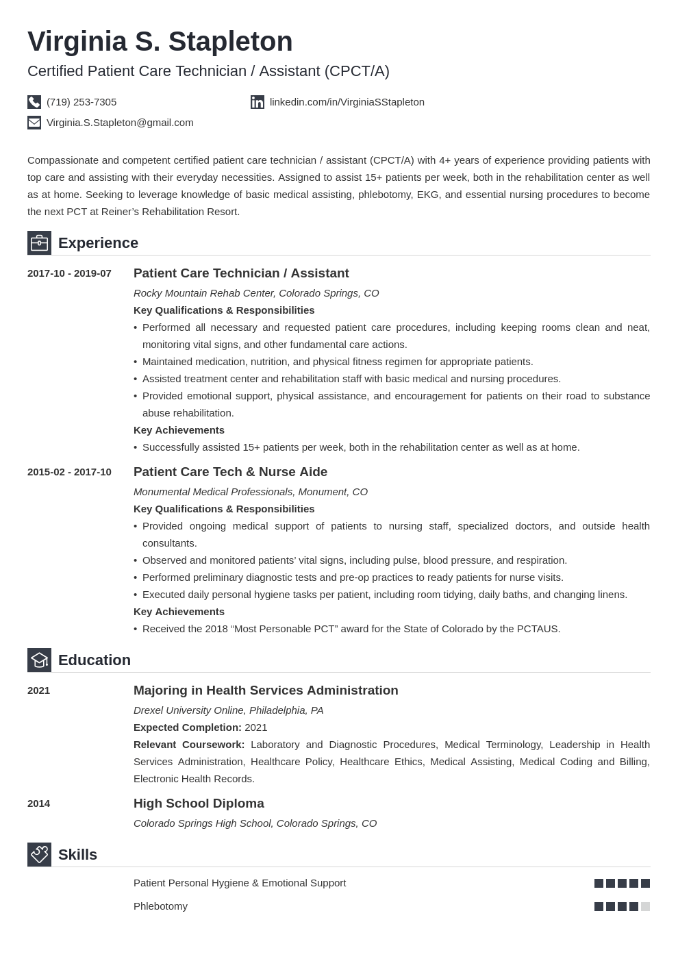 Patient Care Tech Job Description For Resume