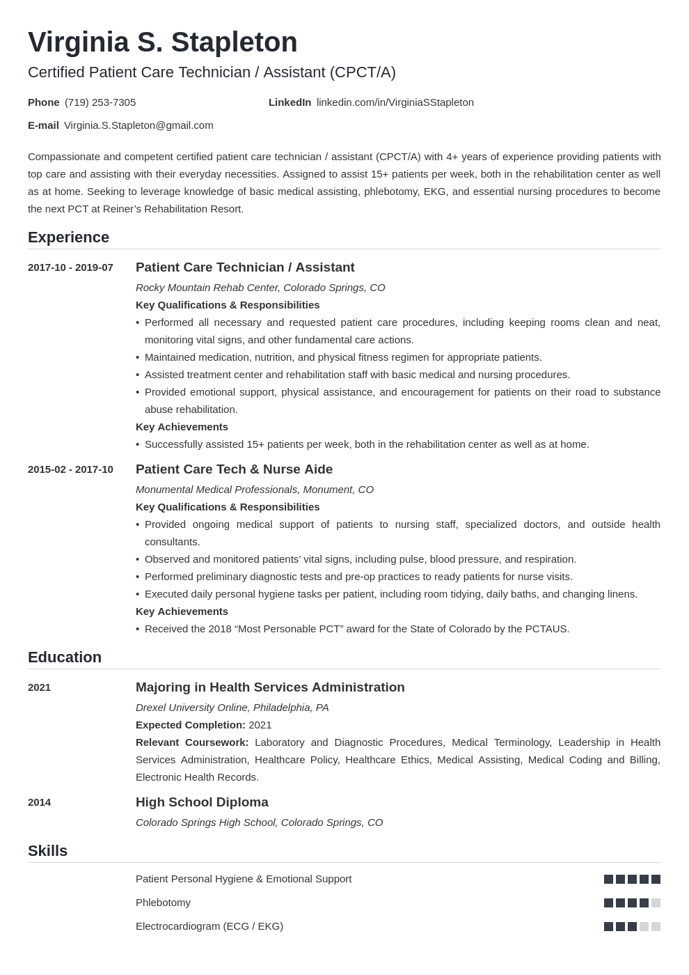 Patient Care Technician Job Description For Resume 