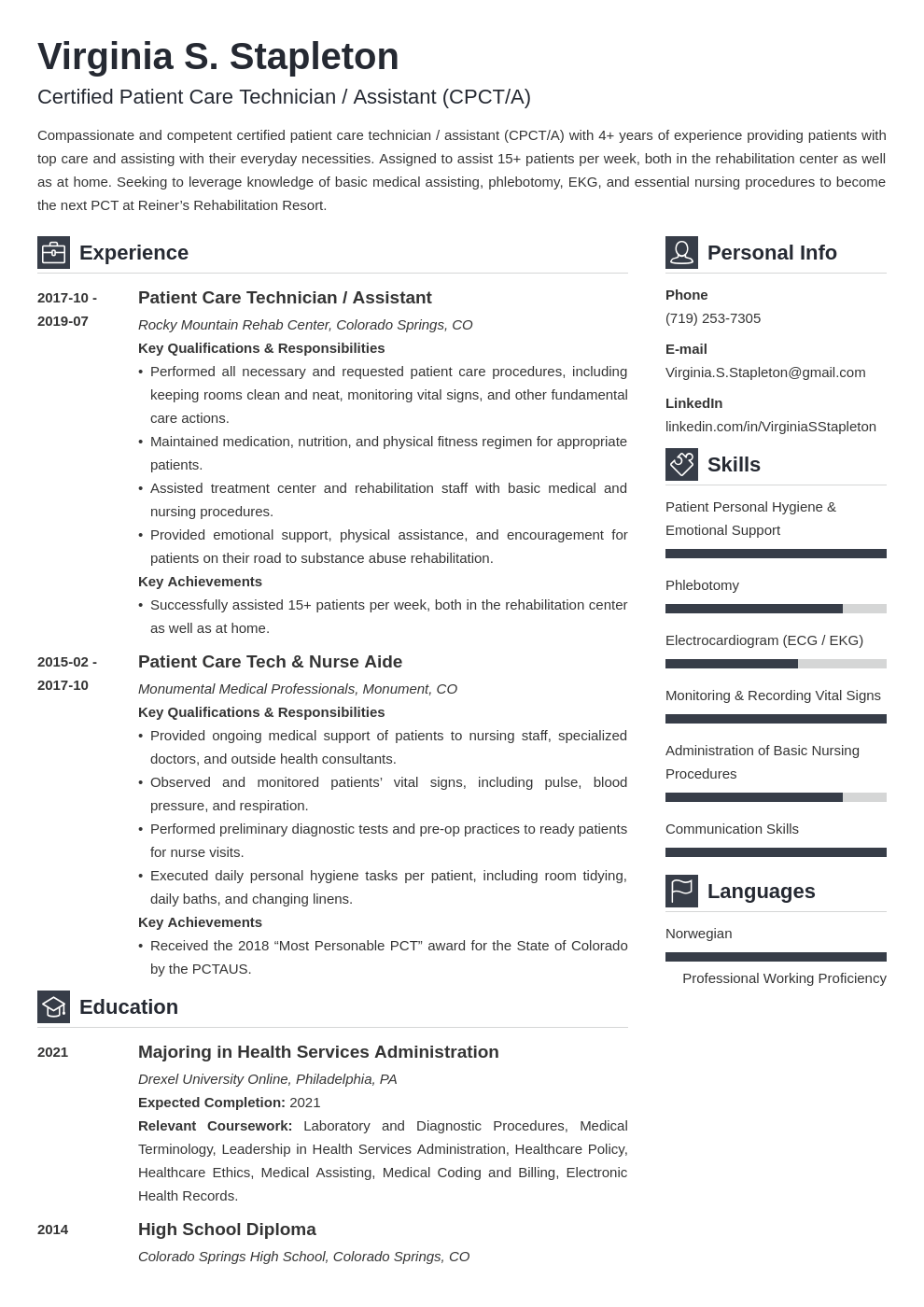 Pct Resume Sample