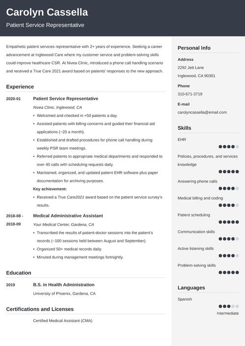 PSR Patient Services Care Representative Resume Sample PSR Patient Services Care Representative Resume Sample