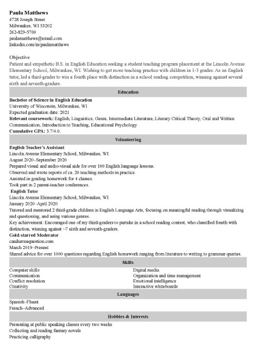 student teacher resume sample