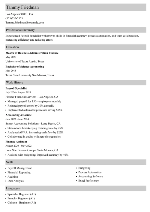 payroll specialist resume example