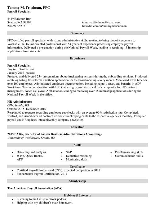 payroll specialist resume example
