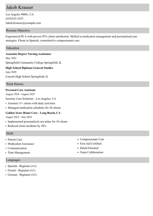 patient care assistant pca resume example