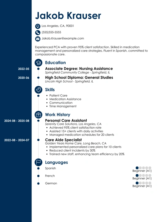 patient care assistant pca resume example