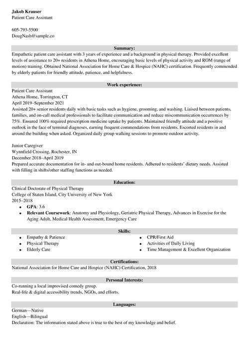 patient care assistant pca resume example