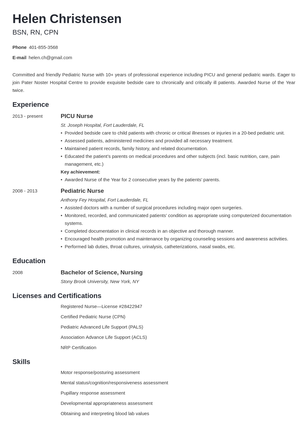 pediatric nurse resume example template minimo