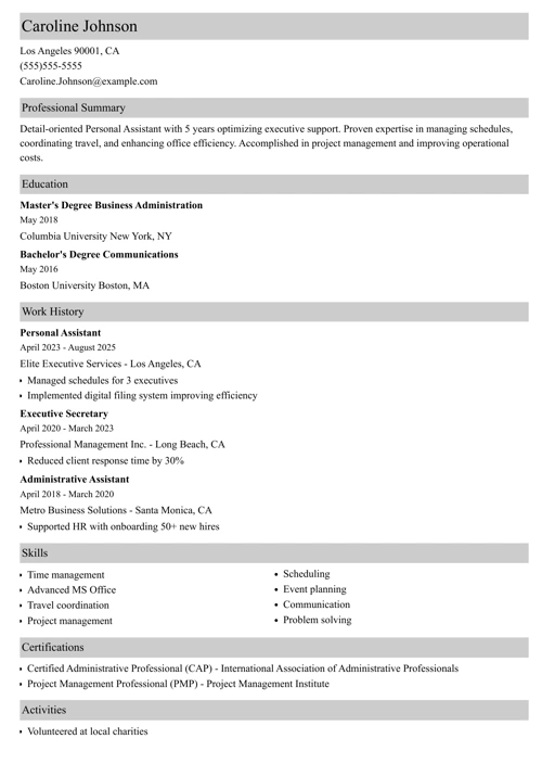 Personal assistant resume example