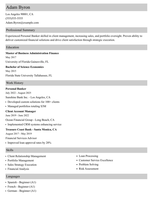 Personal banker resume example