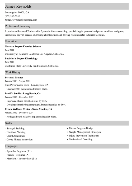 Personal trainer resume example