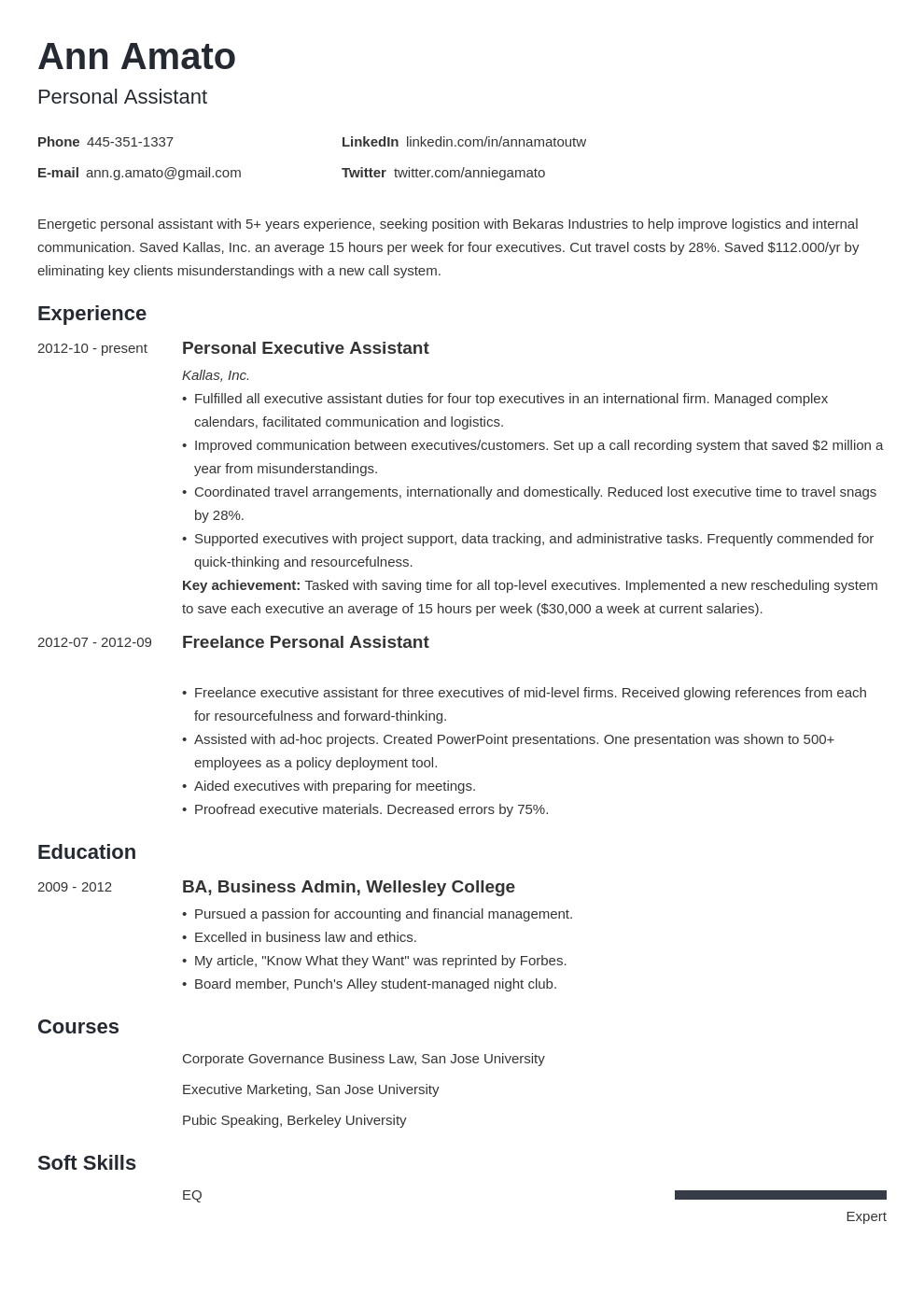 Personal Assistant Resume Example Template Minimo 