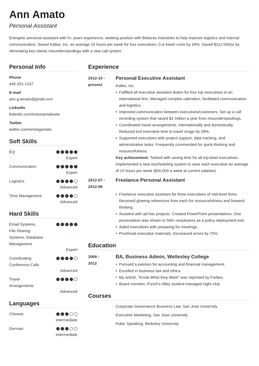 personal assistant resume example template simple