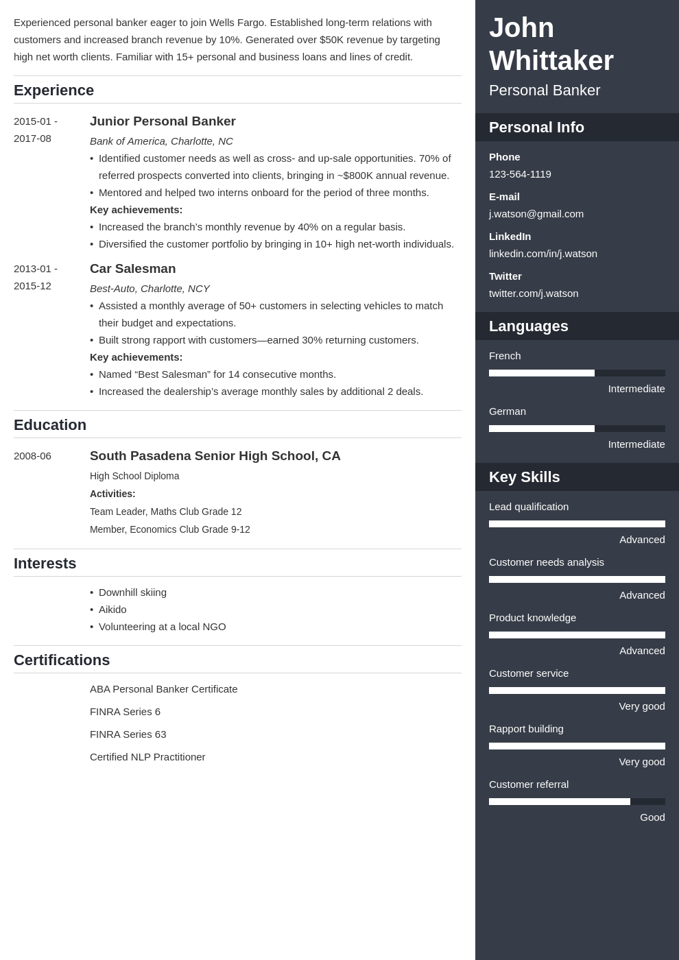 personal banker resume example template enfold