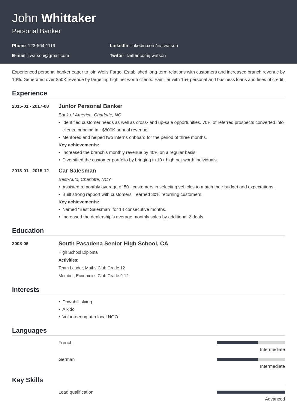 personal banker resume example template influx