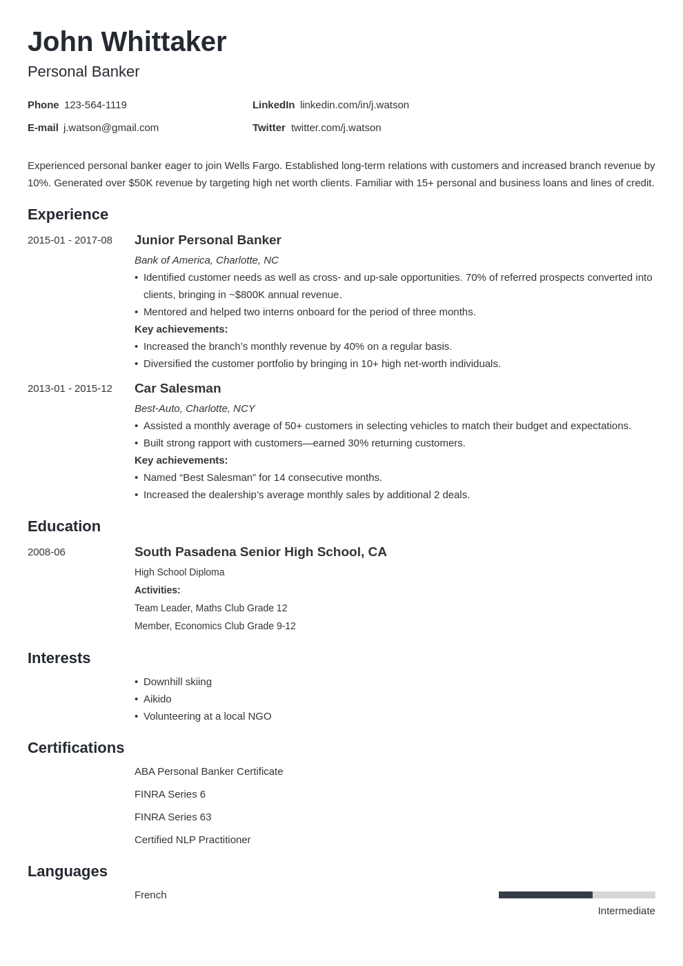 personal banker resume example template minimo