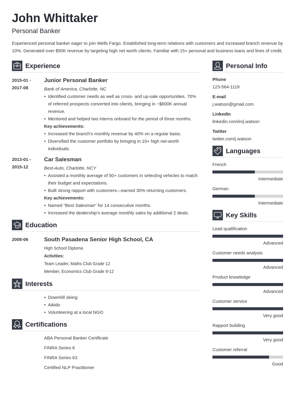 personal banker resume example template vibes