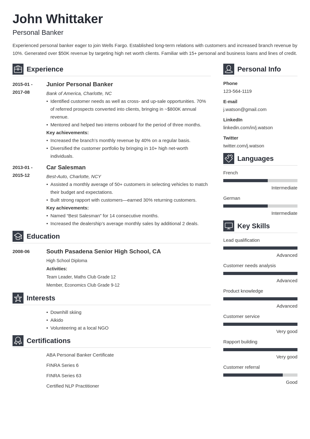 Personal Banker Cv Personal Banker Resume Samples QwikResume