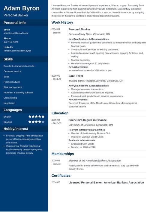 Personal banker resume example