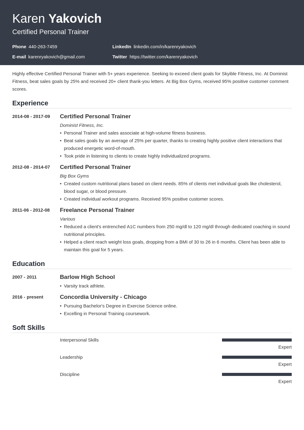 Personal Trainer Resume Example (Also With No Experience)