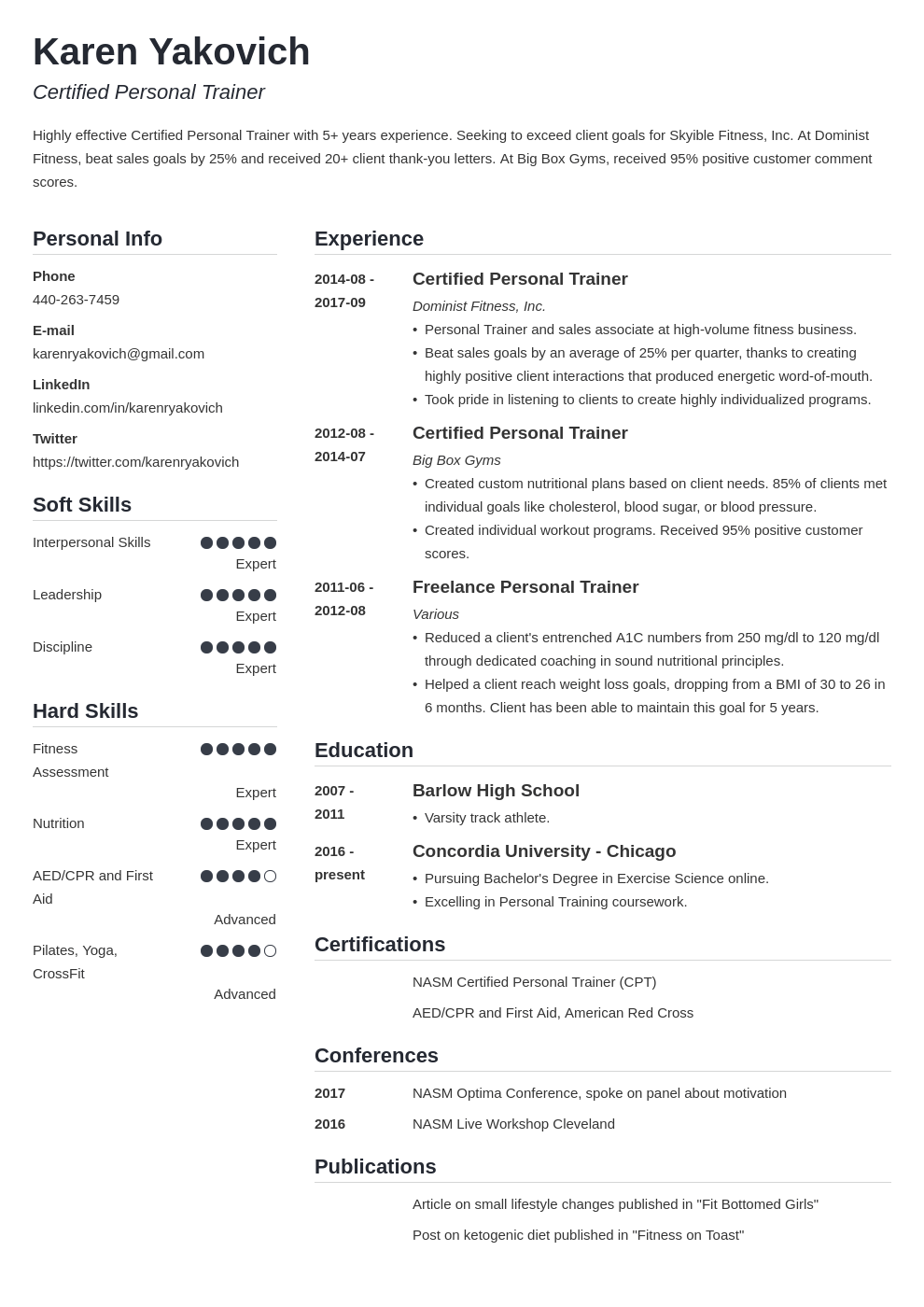 personal trainer resume example template simple