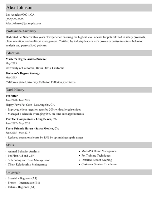 Pet Sitter Resume Example